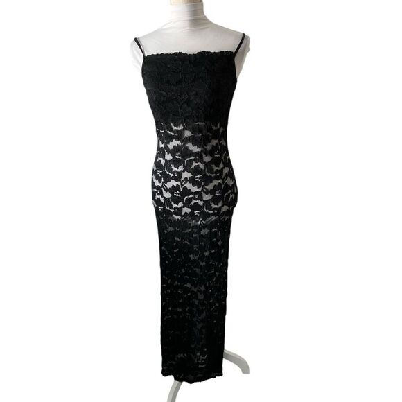 Elegant Black Lace Gown by Tower Satin Straps Made in USA Show Stopper ! PROM - Picture 2 of 9